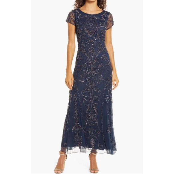 NWT Pisarro Nights Beaded Mesh Midi Cocktail Dress in Navy - Picture 2 of 16